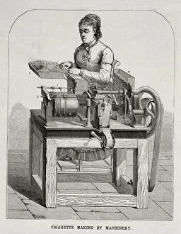 Images Dated 3rd August 2006: A woman operating a French cigarette-rolling machine, 1878 (engraving)