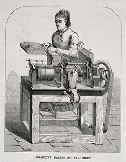 A woman operating a French cigarette-rolling machine, 1878 (engraving) A woman operating a French cigarette-rolling machine, 1878 (engraving)