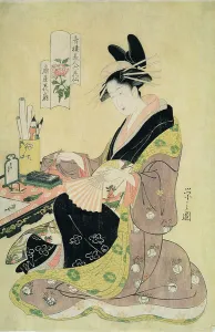 Woman painting at her desk (colour woodblock print) Woman painting at her desk (colour woodblock print)