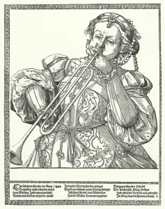 Woman playing a trombone or sackbut (engraving) Woman playing a trombone or sackbut (engraving)