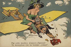 Woman with semi-exposed bust riding a man/aeroplane (colour litho) Woman with semi-exposed bust riding a man/aeroplane (colour litho)