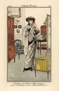 Woman in suit of white velvet decorated with otter fur and trim, 1912 (stencil) Woman in suit of white velvet decorated with otter fur and trim, 1912 (stencil)