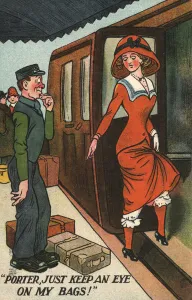 Woman talking to a station porter (colour litho) Woman talking to a station porter (colour litho)