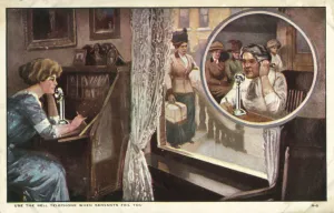 Woman telephoning a hiring agency (colour litho) Woman telephoning a hiring agency (colour litho)