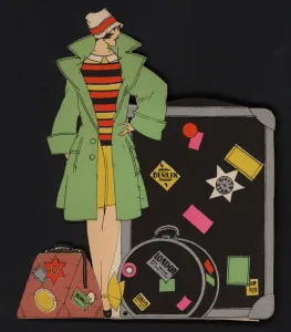 Woman traveller and her luggage (colour litho) Woman traveller and her luggage (colour litho)
