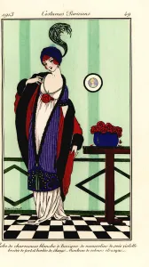 Woman in white charmeuse satin gown with violet chiffon tunic trimmed with skunk fur, cape of Etruscan velvet Woman in white charmeuse satin gown with violet chiffon tunic trimmed with skunk fur, cape of Etruscan velvet