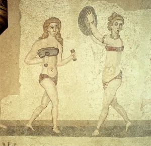 Women in bikinis, from the Room of the Ten Dancing Girls (mosaic) Women in bikinis, from the Room of the Ten Dancing Girls (mosaic)