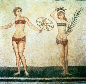 Women in bikinis, from the Room of the Ten Dancing Girls (mosaic) Women in bikinis, from the Room of the Ten Dancing Girls (mosaic)