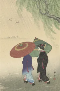 Two women in the rain, 1925-36 (colour woodcut) Two women in the rain, 1925-36 (colour woodcut)