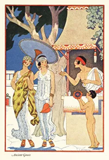 Two women shop at a perfume seller's stand in ancient Greece 1928 (print) Two women shop at a perfume seller's stand in ancient Greece 1928 (print)