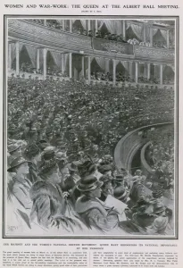 Women and war work: the Queen at the Albert Hall meeting (litho) Women and war work: the Queen at the Albert Hall meeting (litho)