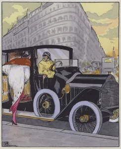 Women's fashion from the 1910s and a Lorraine-Dietrich car. (colour litho) Women's fashion from the 1910s and a Lorraine-Dietrich car. (colour litho)