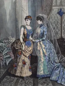 Women's fashions, late 19th Century (coloured engraving) Women's fashions, late 19th Century (coloured engraving)