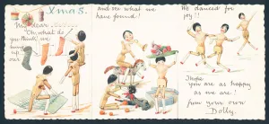 Wooden Dolls knitting, playing and dancing, Christmas Card (chromolitho) Wooden Dolls knitting, playing and dancing, Christmas Card (chromolitho)