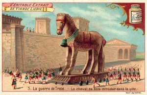 The wooden horse is brought inside the walls of Troy (chromolitho) The wooden horse is brought inside the walls of Troy (chromolitho)