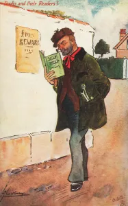 Workman reading a self help book (colour litho) Workman reading a self help book (colour litho)