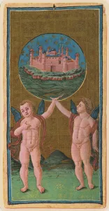 The World, fascimile of a tarot card from the Visconti deck The World, fascimile of a tarot card from the Visconti deck