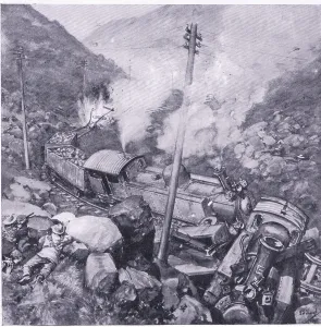 The wrecking of an armoured train near Vlakfontein, illustration from'After Pretoria The wrecking of an armoured train near Vlakfontein, illustration from'After Pretoria