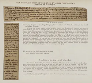 Writ of Edward I, directing the sheriffs of London to return two members to parliament (colour litho) Writ of Edward I, directing the sheriffs of London to return two members to parliament (colour litho)