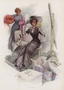 Young American woman trying on hats at a French milliners (colour litho) Young American woman trying on hats at a French milliners (colour litho)