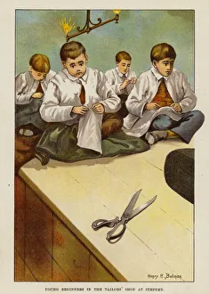 Young beginners in the Tailors school in Dr Barnardo's Stepney Causeway children's home, London (chromolitho) Young beginners in the Tailors school in Dr Barnardo's Stepney Causeway children's home, London (chromolitho)