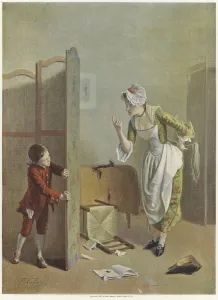 A young boy hides nervously behind a screen as a young woman attempt to coax him out (colour litho) A young boy hides nervously behind a screen as a young woman attempt to coax him out (colour litho)