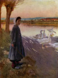 Young girl tending a flock of geese (colour litho) Young girl tending a flock of geese (colour litho)