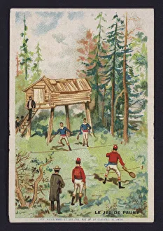Young men playing tennis in a forest (chromolitho) Young men playing tennis in a forest (chromolitho)