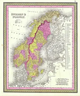 Mitchell Map Print of Sweden and Norway 1850 Topography