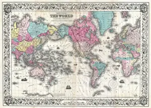 Mercator Projection Map Prints: 1852, Coltons Map of the World on Mercators Projection, Pocket Map, topography