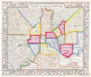 Old Atlas Maps Prints: 1860, Mitchell Map of Baltimore, topography, cartography, geography, land, illustration