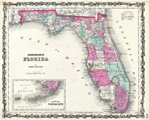 Johnson Map of Florida Print 1862 Topography Illustration