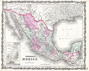 Cartography Illustration Prints: 1862, Johnson Map of Mexico and Texas