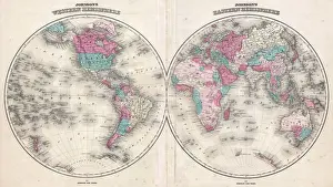 Antique Cartography Illustration Prints: 1866, Johnson Map of the World in Hemispheres, topography, cartography, geography