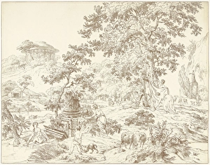 Arcadian landscape with foot bathing woman, Hermanus Fock, 1781 - 1822 Arcadian landscape with foot bathing woman, Hermanus Fock, 1781 - 1822