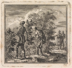 Armored man and half-naked man trying to walk through a pricklebush, Jan Luyken, wed Armored man and half-naked man trying to walk through a pricklebush, Jan Luyken, wed