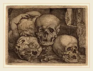 German Engraving Artist Prints: Barthel Beham (German, 1502-1540), Child with Three Skulls, 1529, engraving