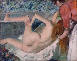 After the Bath Print: Oil on canvas depiction of a woman drying herself