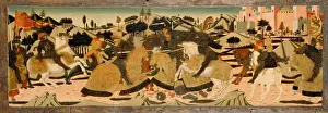 Battle Scene Print: Tempera on panel depiction of medieval warfare