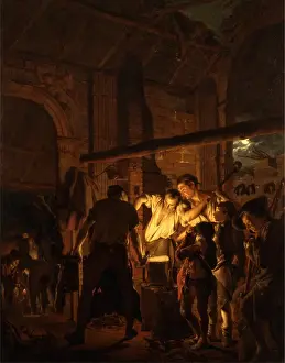 Joseph Wright Prints: The Blacksmiths Shop Print, a 1771 engraving of a blacksmith at work