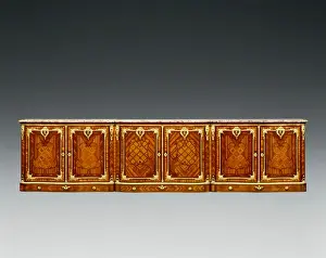 Print of a large cabinet with intricate wood veneer and gilt bronze mounts