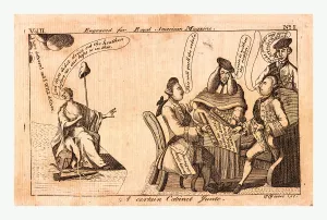 A certain cabinet junto, en sanguine engraving 1775, King George III, speechless A certain cabinet junto, en sanguine engraving 1775, King George III, speechless