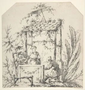 Chinoiserie Black chalk stumping graphite faint gray wash Chinoiserie Black chalk stumping graphite faint gray wash