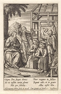 Christ Child is building a house, Hieronymus Wierix, 1563 - before 1619 Christ Child is building a house, Hieronymus Wierix, 1563 - before 1619