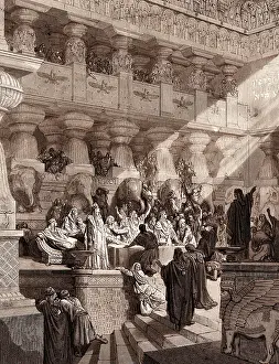Christian Bible Illustration Prints: Daniel Interpreting the Writing on the Wall, by Gustave Dore. Dore, 1832 - 1883, French