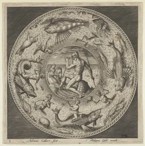 Design Plate Neptune Shell Drawn Horses Medallion Bordered Design Plate Neptune Shell Drawn Horses Medallion Bordered