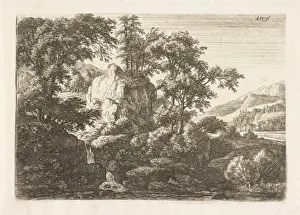 Rock Formations Landscape Prints: Double waterfall, Anthonie Waterloo, 1630 - 1663