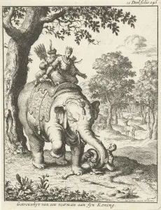 Elephant tramples his keeper, Jan Luyken, 1682 Elephant tramples his keeper, Jan Luyken, 1682