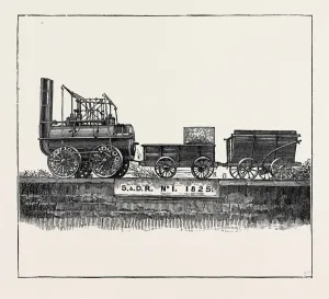 Prints of Anniversary of the Opening of the First English Railway: George Stephensons locomotion ( puffing Billy ), September 26, 1874 Engraving Prints: Anniversary of the First English Railway Print, 1874