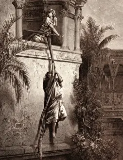 Vintage Gustave Dore Prints: The Escape of David through the Window, by Gustave Dore. Gustave Dore, 1832 - 1883